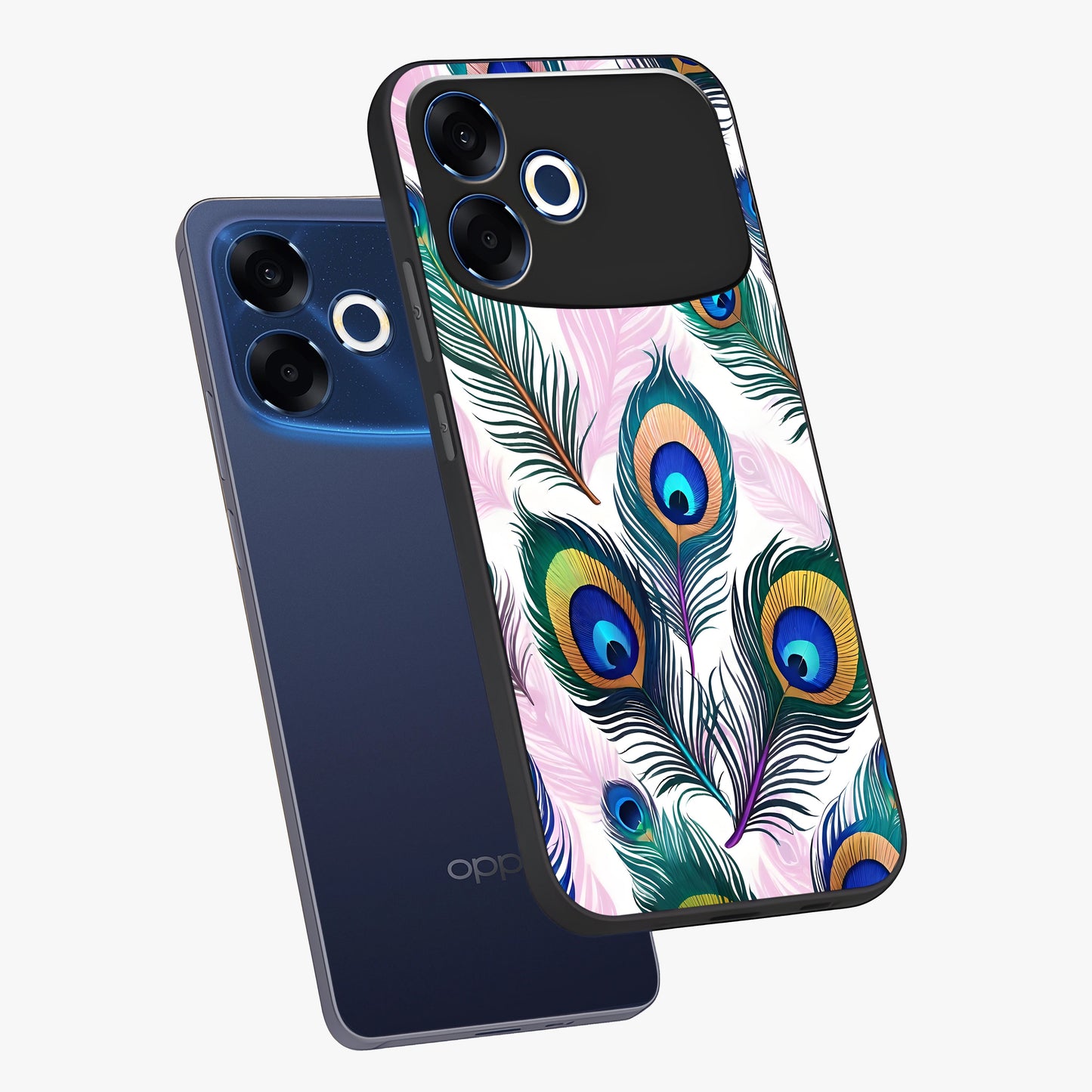 Royal Peacock Feathers Glass Case displayed in angled mockup highlighting vibrant feather pattern with regal aesthetic style.