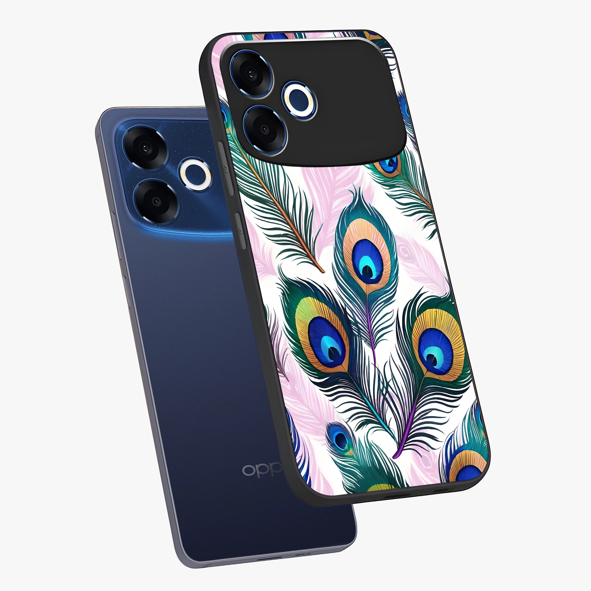 Royal Peacock Feathers Glass Case displayed in angled mockup highlighting vibrant feather pattern with regal aesthetic style.