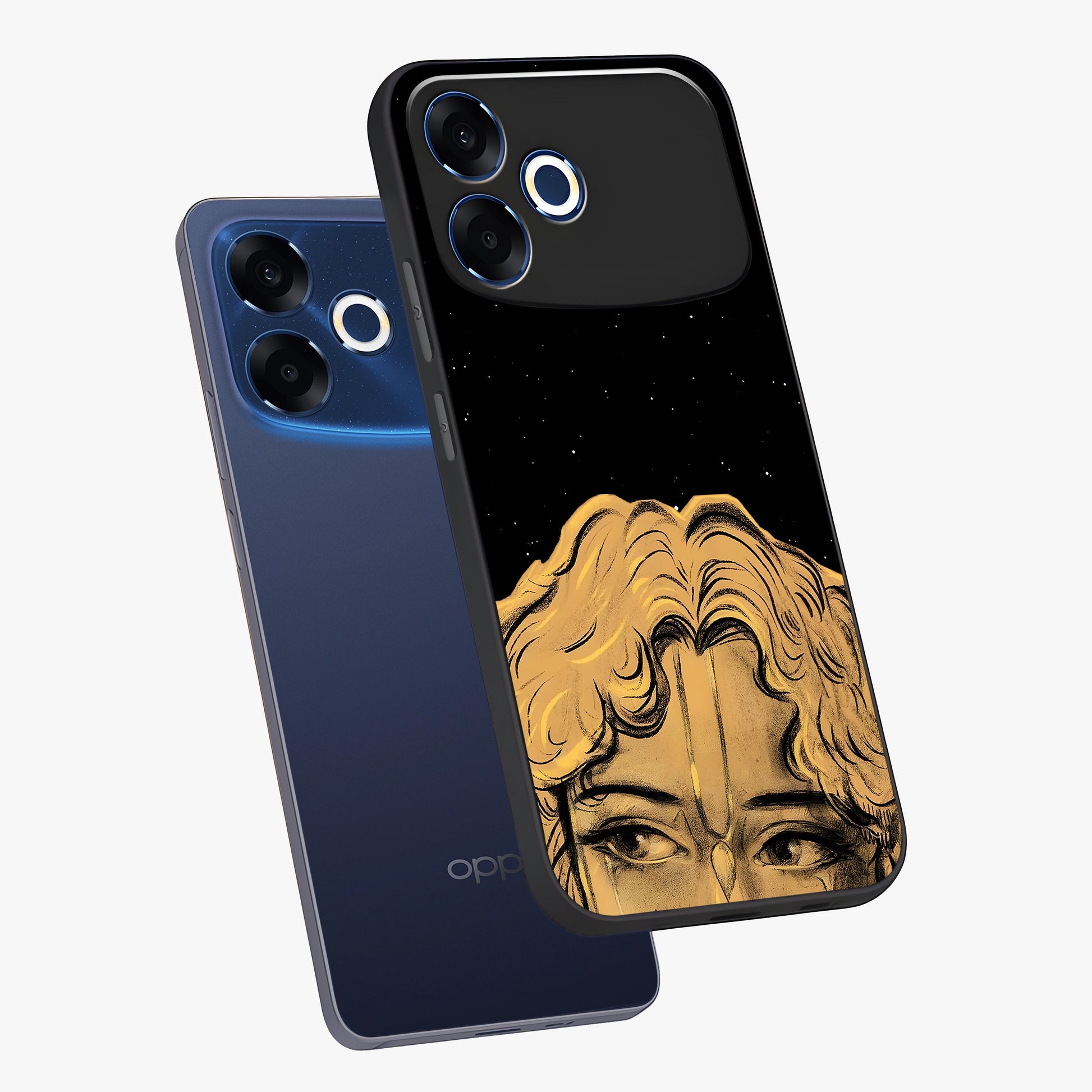 Shri Krishna Art Glass Case displayed in angled mockup highlighting spiritual Krishna illustration with divine aesthetic.