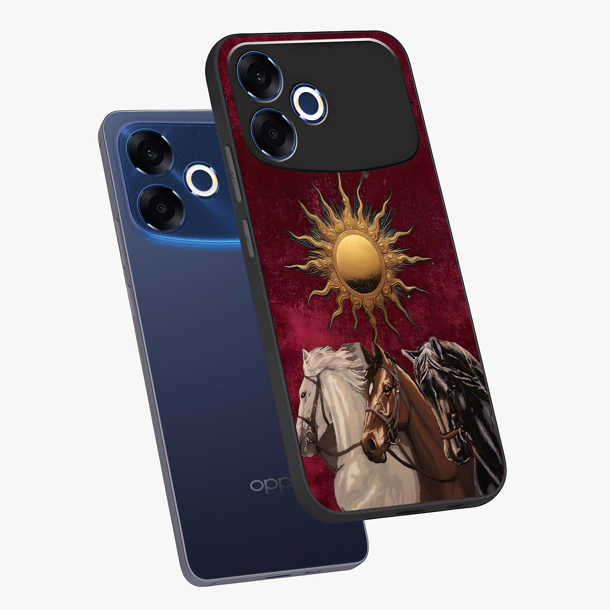 Solar Riders Glass Case displayed in angled mockup highlighting powerful rider illustration with radiant solar aesthetic.