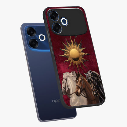 Solar Riders Glass Case displayed in angled mockup highlighting powerful rider illustration with radiant solar aesthetic.