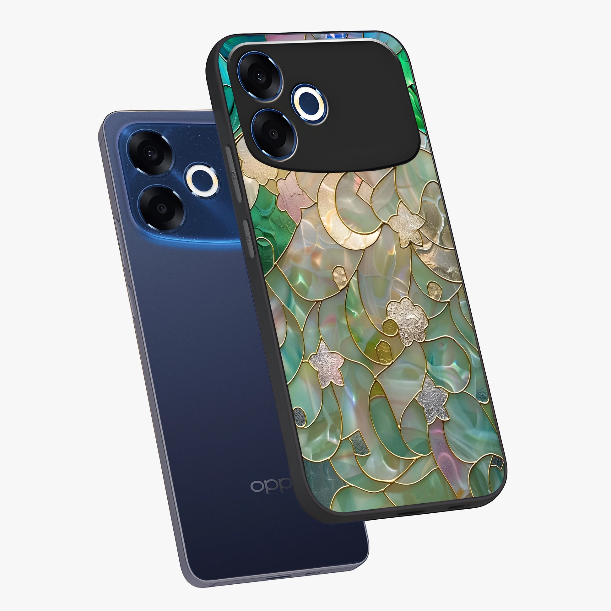 Stained Sunrise Glow Glass Case displayed in angled mockup highlighting radiant sunrise design with artistic aesthetic style.