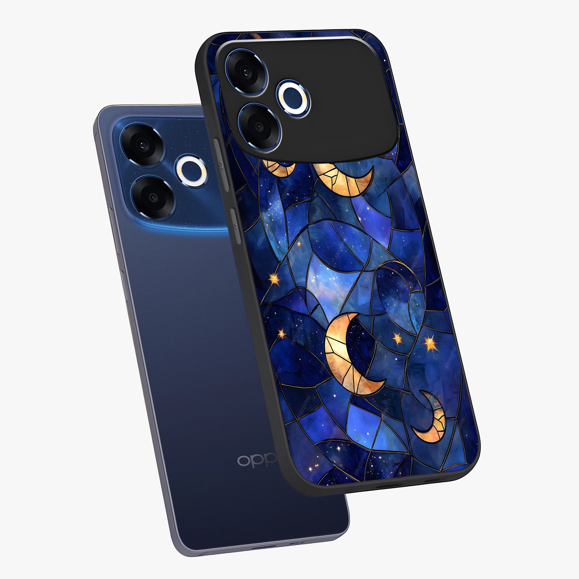 Starlit Sky Tapestry Glass Case displayed in angled mockup highlighting celestial night pattern with artistic aesthetic style.