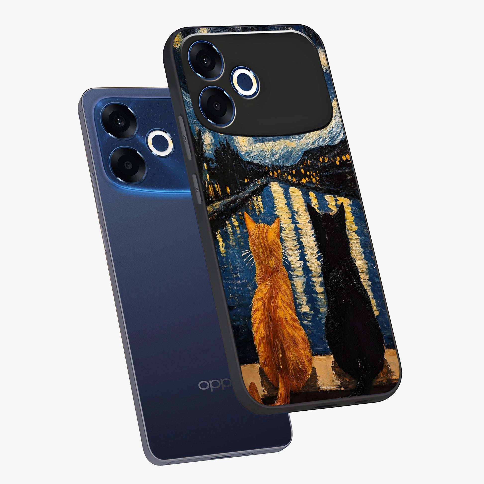 Starry River Cats Glass Case displayed in angled mockup highlighting charming feline illustration with dreamy night aesthetic.