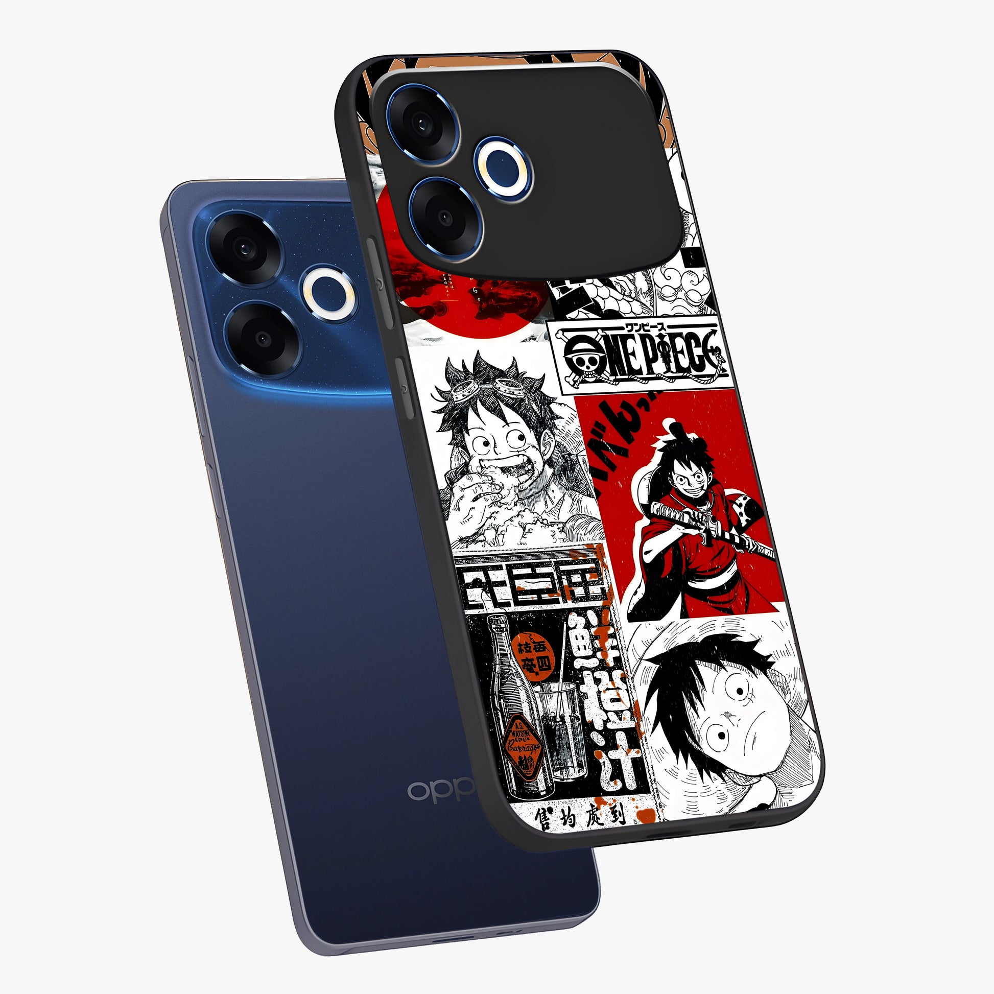 Strawhat Chaos Panels Glass Case displayed in angled mockup highlighting vibrant anime collage design with action aesthetic.