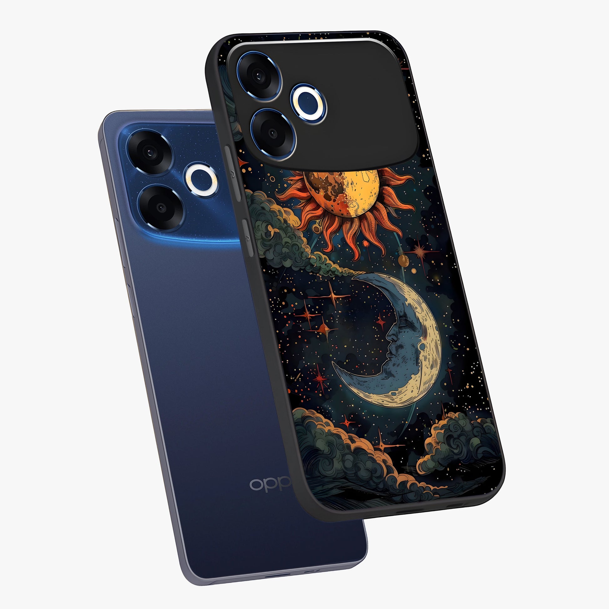 Sun And Moon Magic Design Glass Case displayed in angled mockup highlighting celestial design with magical cosmic aesthetic.