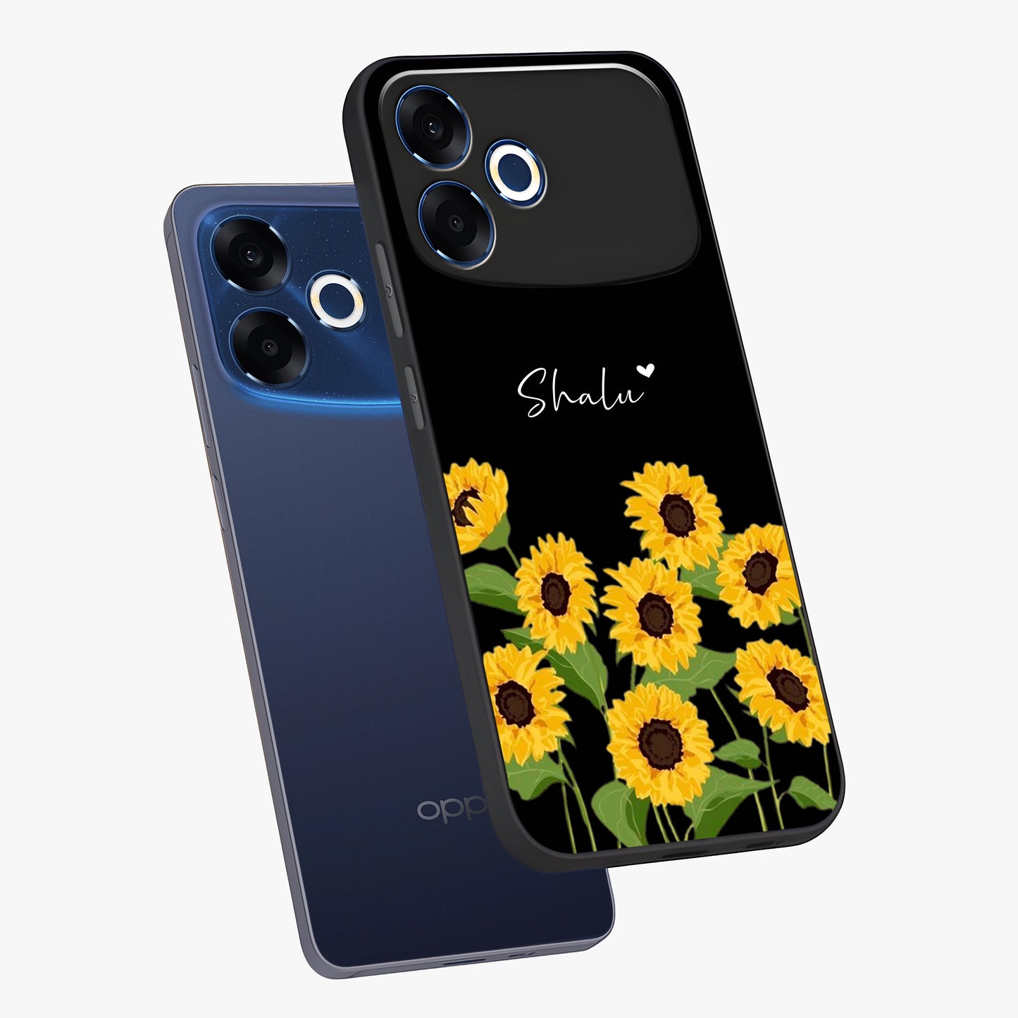 Sunflower Chic Mood Custom Name Glass Case displayed in angled mockup highlighting vibrant sunflower design with custom name feature.
