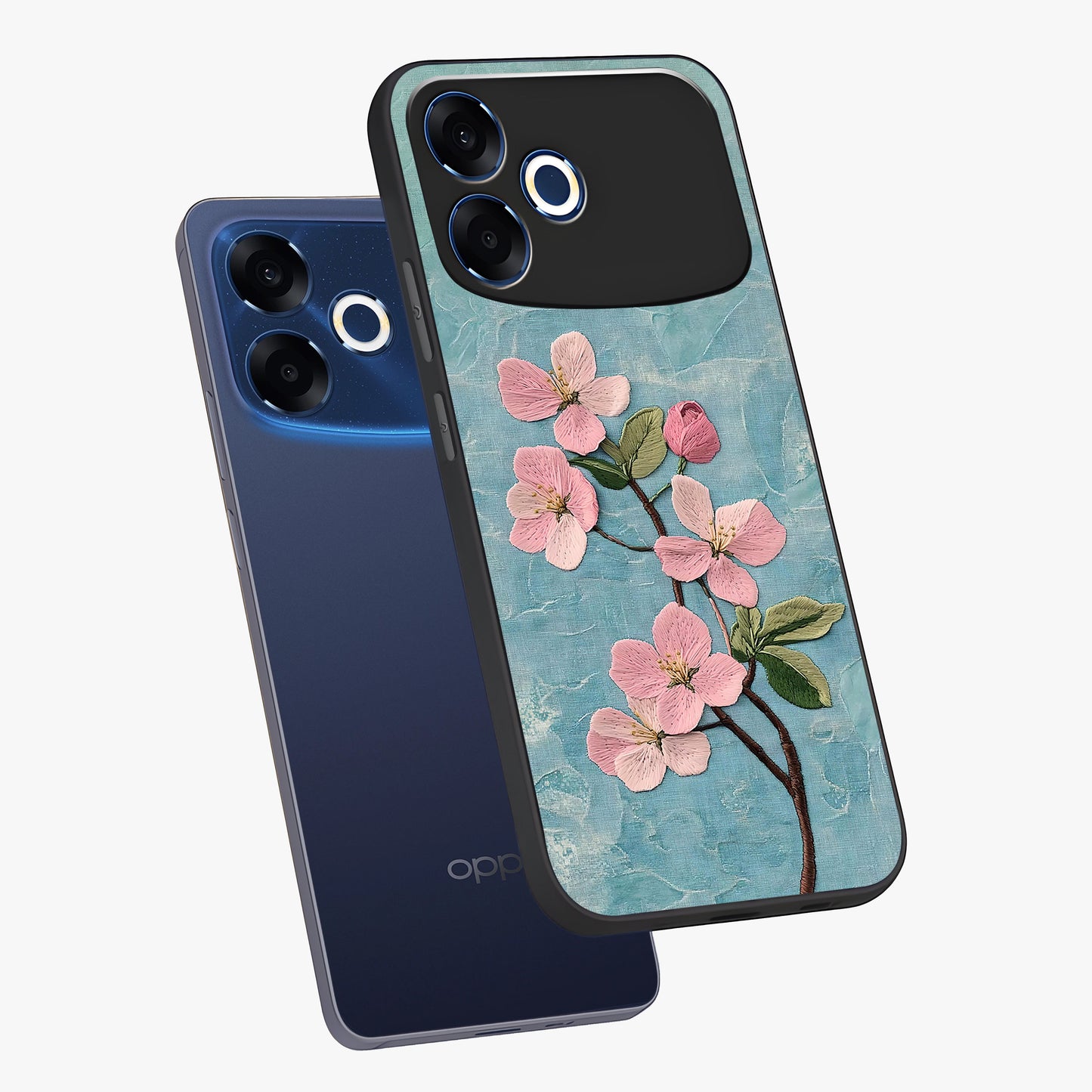 Threaded Blossom Breeze Glass Case displayed in angled mockup highlighting elegant floral design with soft aesthetic style.