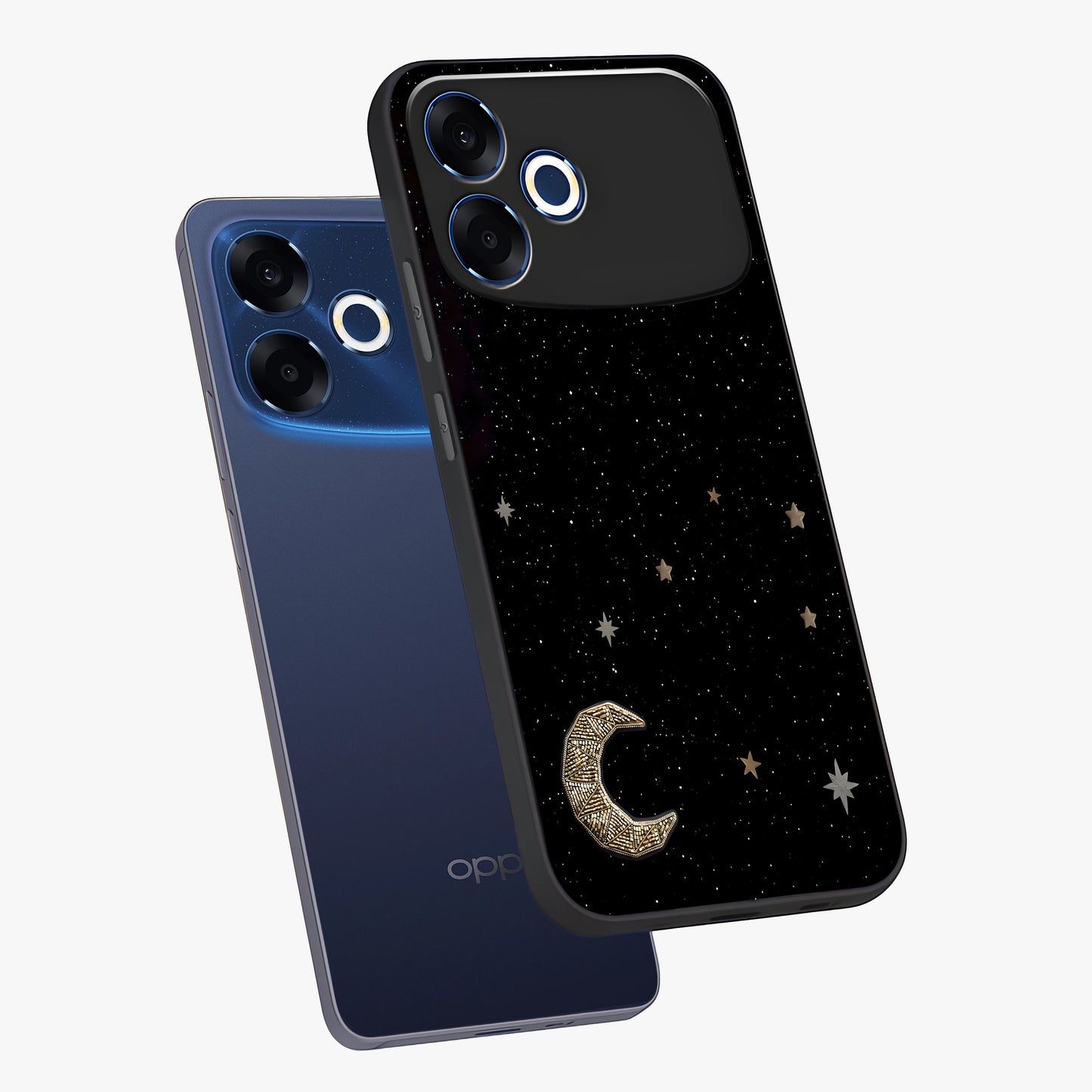 Twinkle Star With Half Moon Glass Case displayed in angled mockup highlighting celestial moon and star design with magical aesthetic.