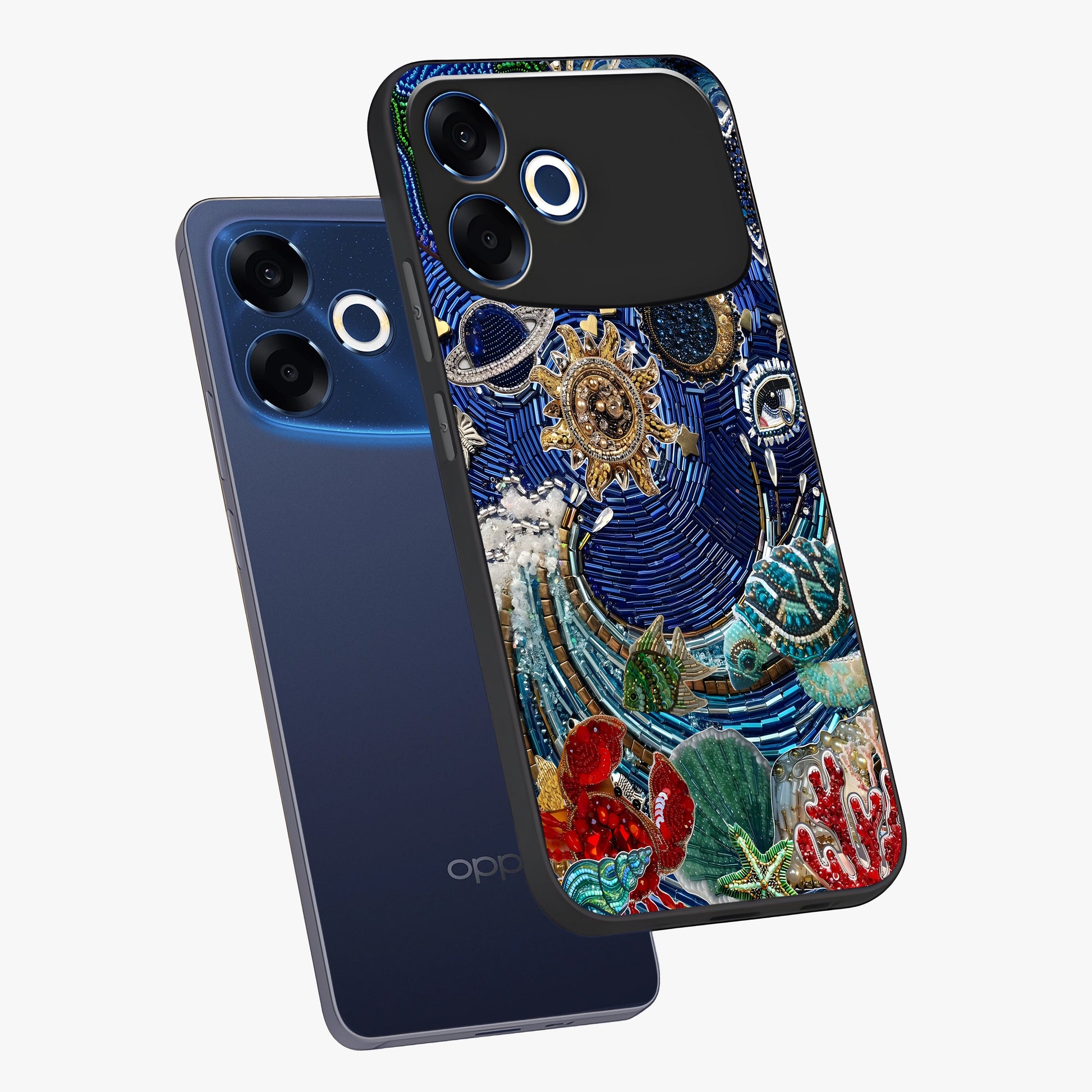 Universe Underwater Spark Glass Case displayed in angled mockup highlighting glowing aquatic design with celestial aesthetic.