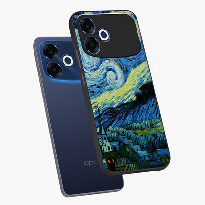Van Gogh Art Glass Case displayed in angled mockup highlighting swirling brushstroke design with artistic aesthetic.
