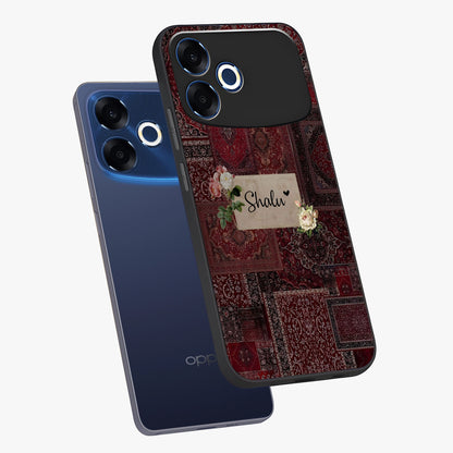 Velvet Wine Pattern Custom Name Glass Case displayed in angled mockup highlighting decorative velvet inspired design with custom name feature.