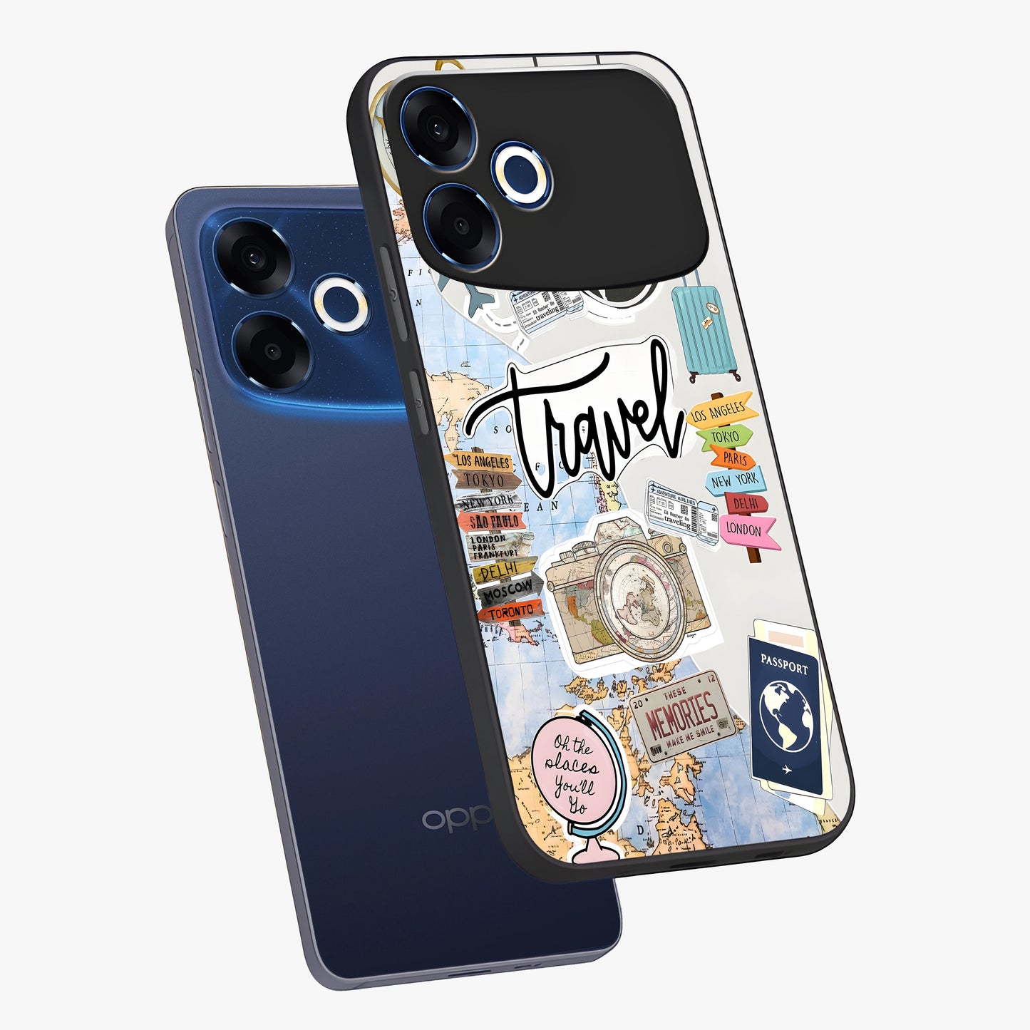 Wanderlust Journal Glass Case displayed in angled mockup highlighting adventure themed design with aesthetic travel vibe.