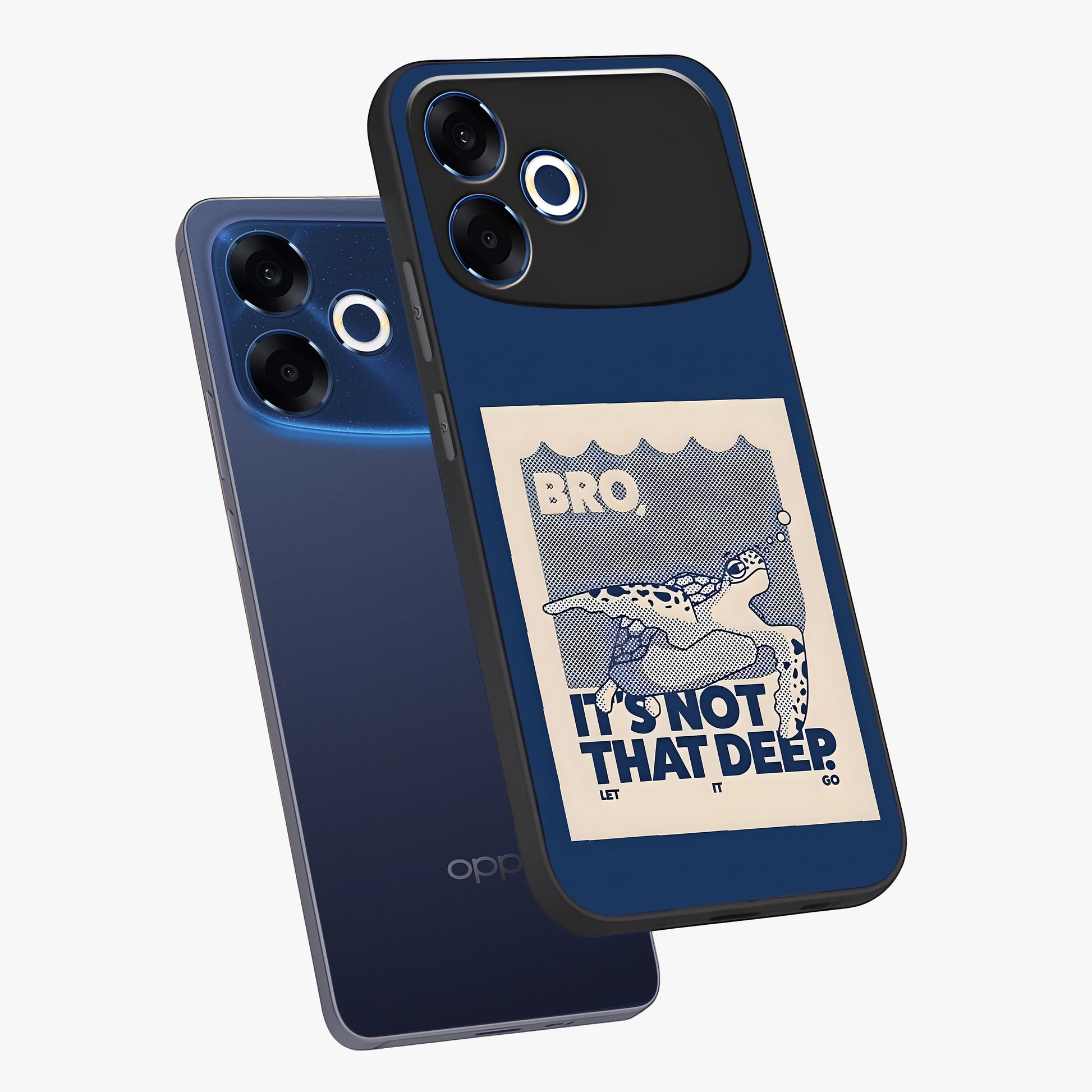 Worry Less Swim Glass Case displayed in angled mockup highlighting fun typography design with relaxed aesthetic style.