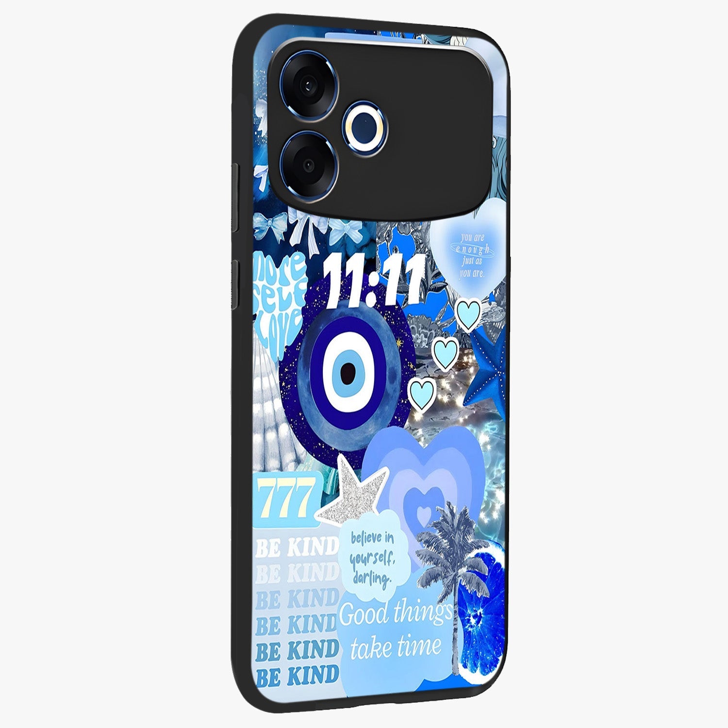 Aesthetic Be Kind Eye Glass Case upright view showcasing stylish eye illustration with positive message theme.