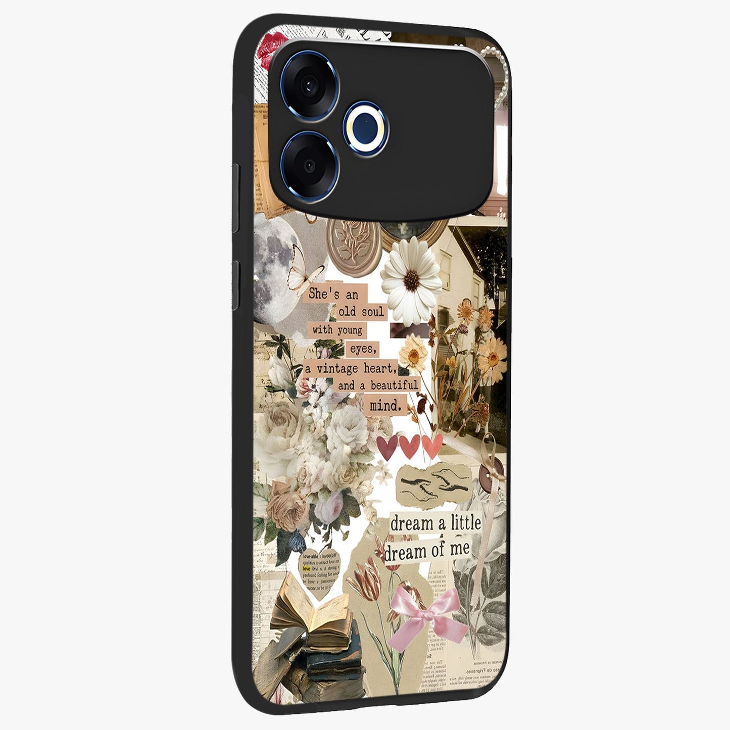 Aesthetic Brown Vintage Collage Glass Case upright view showcasing nostalgic retro artwork with stylish vintage theme.