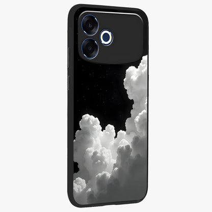 Black Background With White Cloud Glass Case upright view showcasing calm cloud aesthetic with modern minimal style.