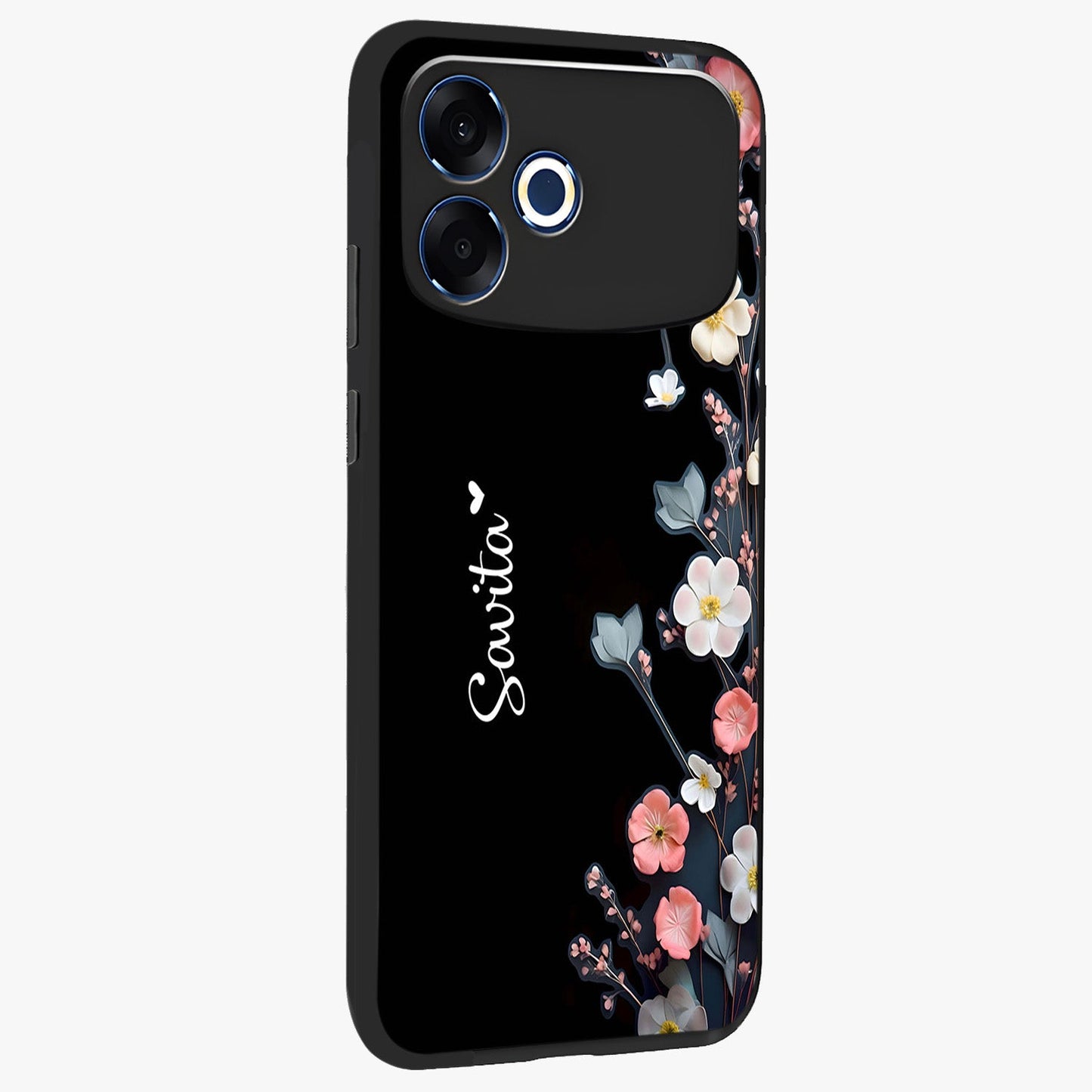 Black Elegance Floral Custom Name Glass Case upright view showcasing luxurious black floral design with personalized name detail.