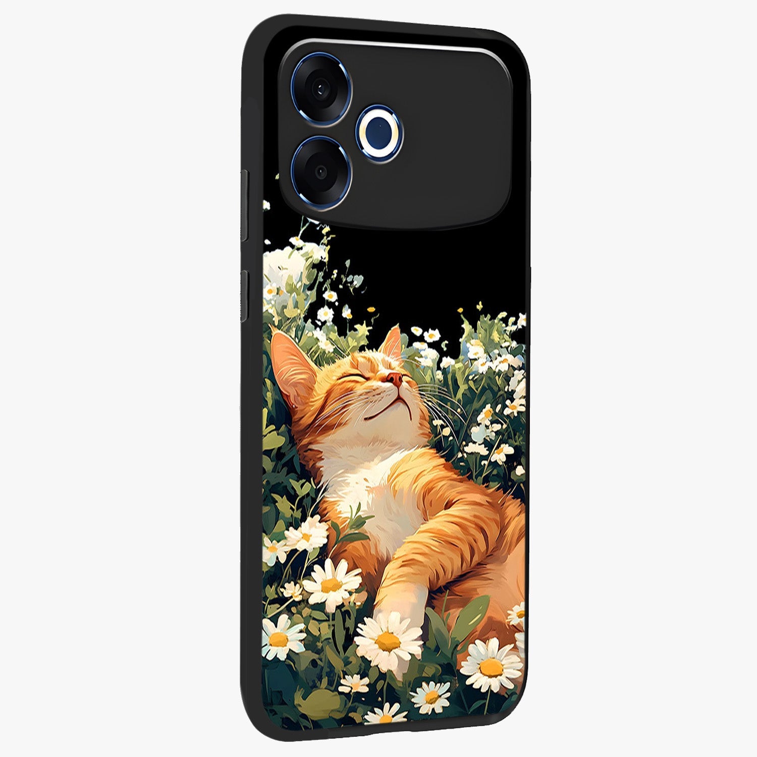 Blissful Bloom Cat Glass Case upright view showcasing charming cat design surrounded by blooming floral elements.