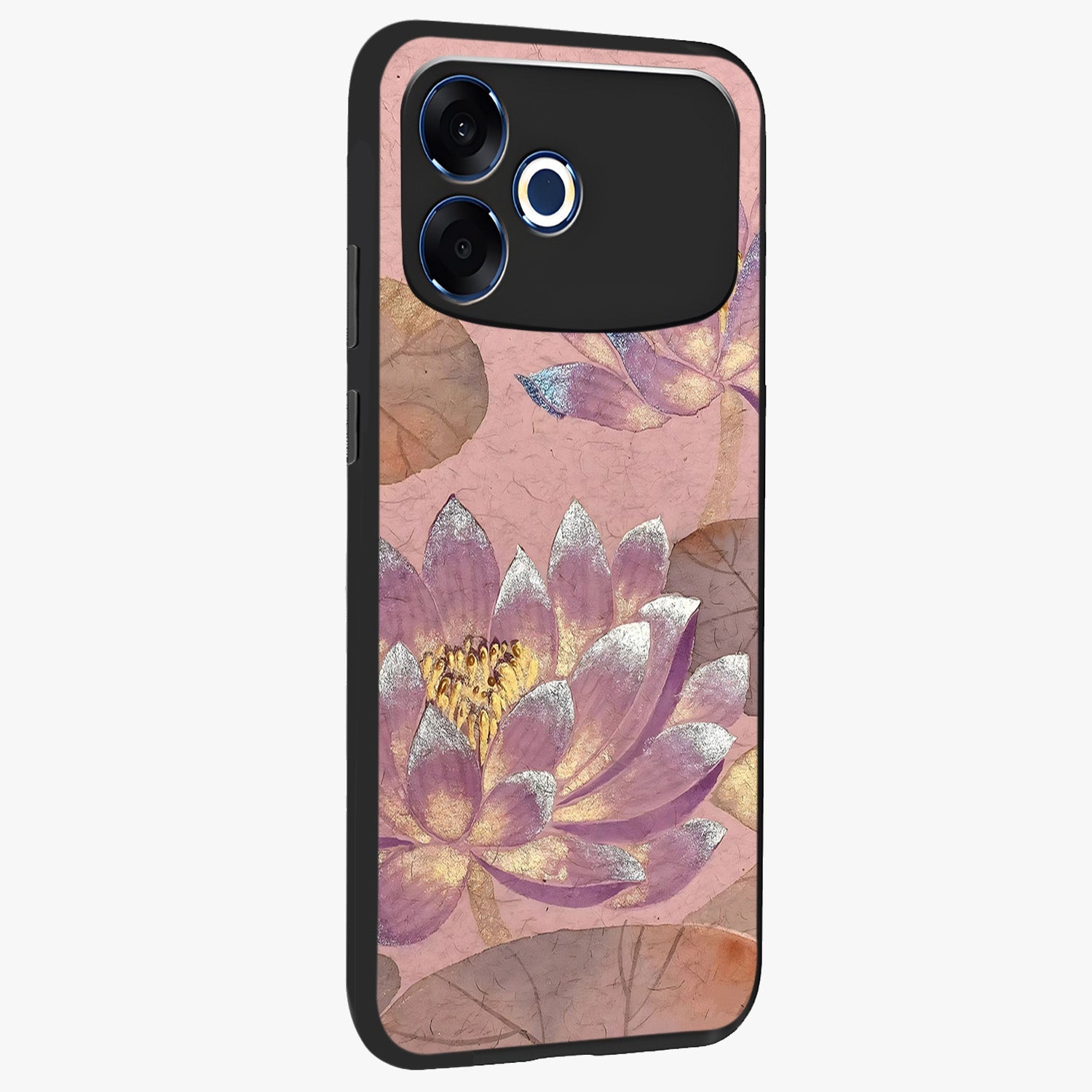 Blossom Mist Lotus Glass Case upright view showcasing graceful lotus flower design with peaceful botanical style.