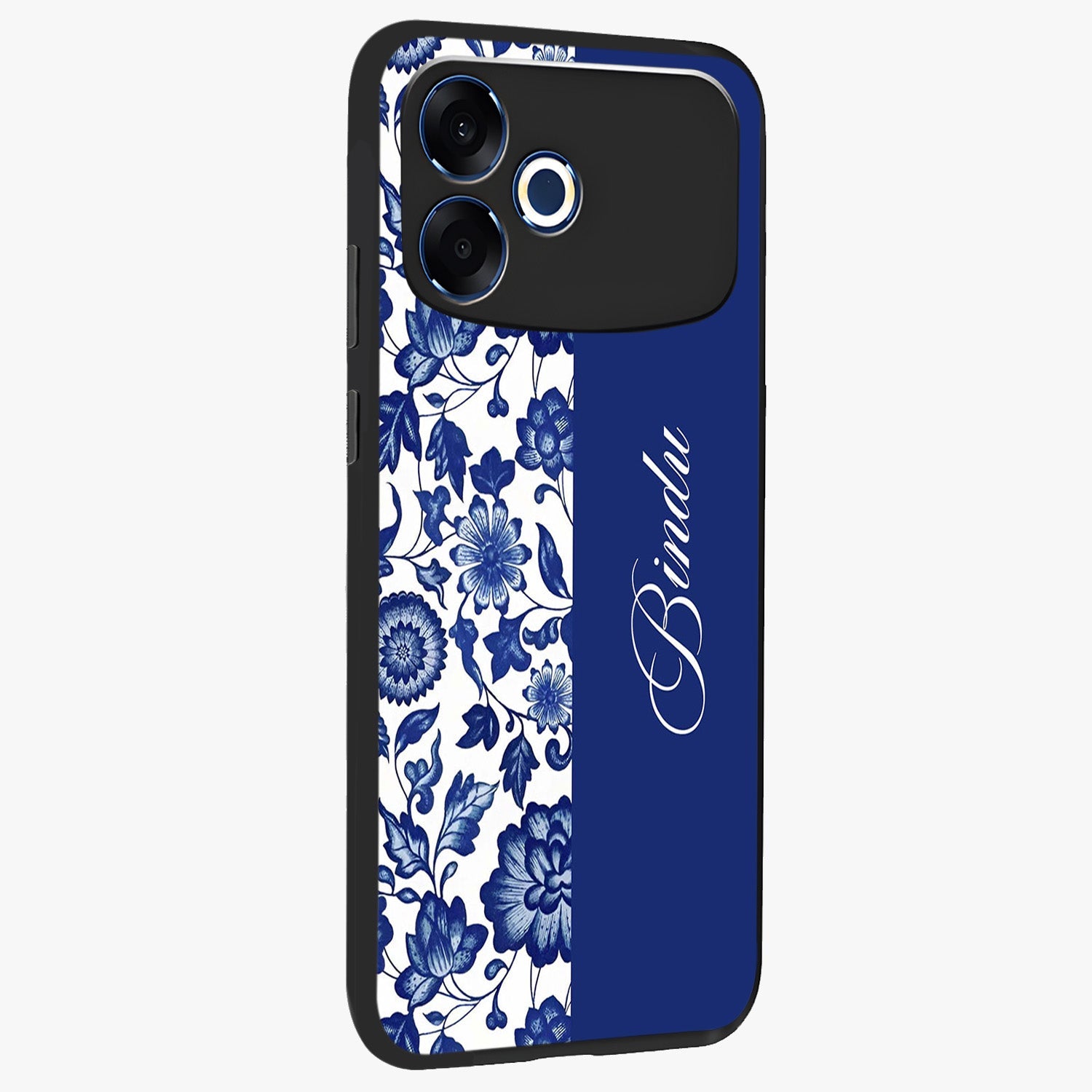 Blue Vintage Floral Pattern Glass Case upright view showcasing delicate blush floral texture with modern minimal style.