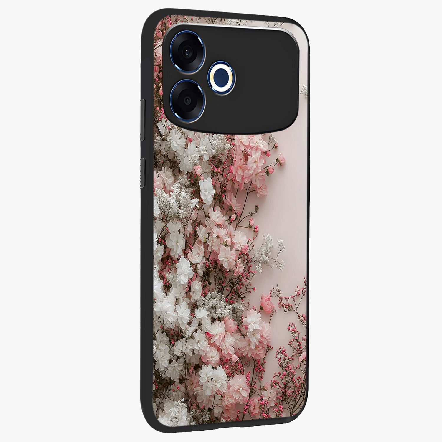 Blush Blossom Cloud Glass Case upright view showcasing calm floral cloud artwork with gentle dreamy theme.