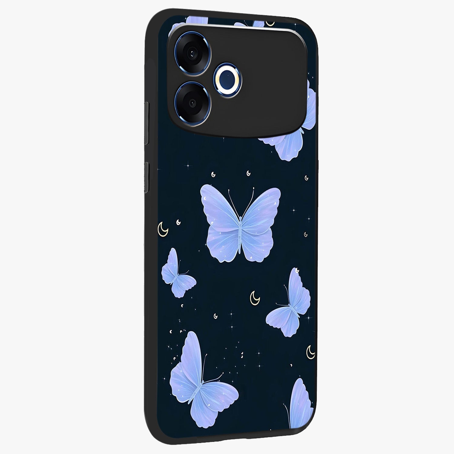 Butterfly With Stars Pattern Glass Case upright view showcasing celestial butterfly artwork with sparkling star elements.