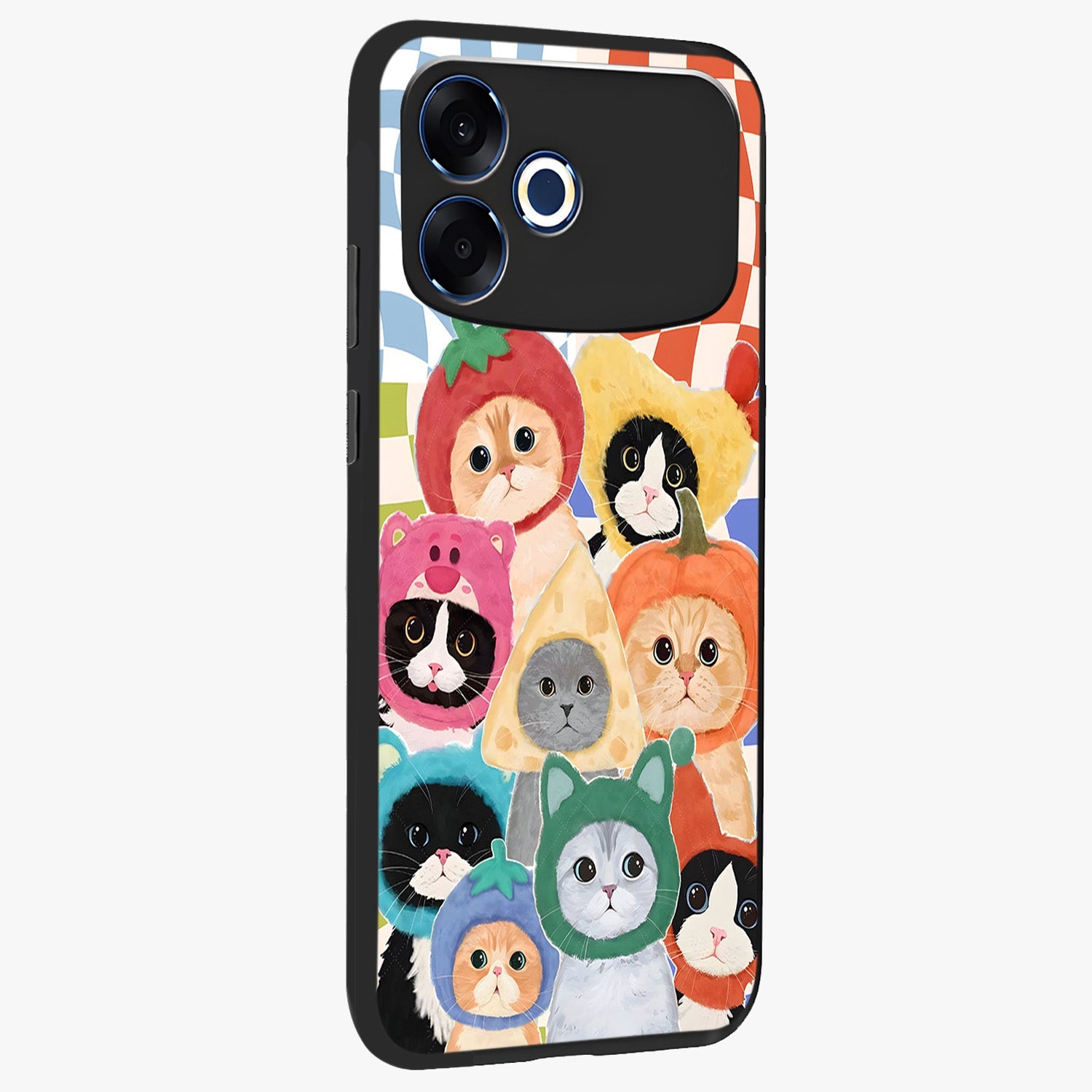 Cats in Fruits Glass Case upright view showcasing charming cat artwork with fun fruity theme.