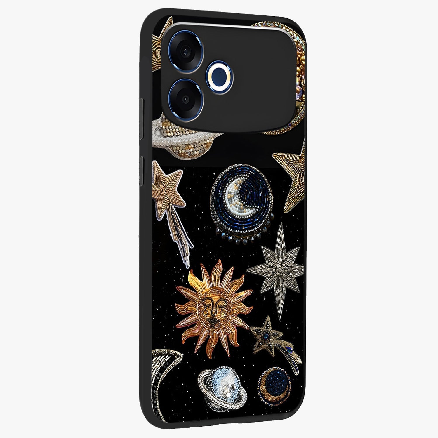 Celestial Gem Constellations Glass Case upright view showcasing cosmic constellation artwork with celestial aesthetic style.