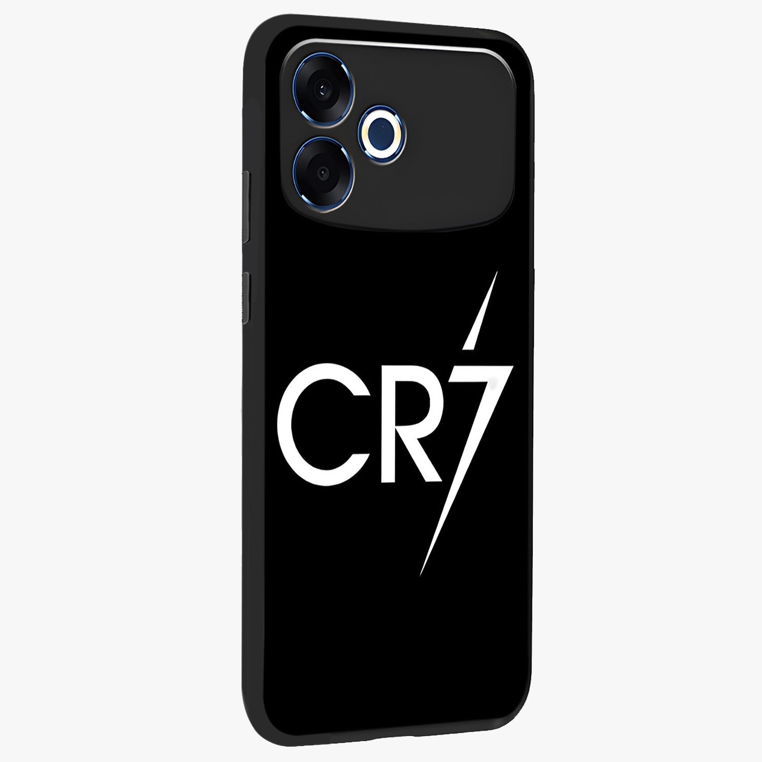Cr7 Elite Strike Glass Case upright view showcasing energetic football inspired design with modern sports aesthetic.