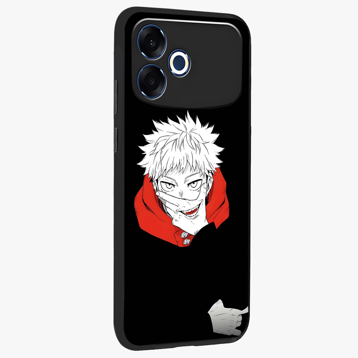 Crimson Chaos Smile Glass Case upright view showcasing expressive chaotic artwork with striking visual theme.