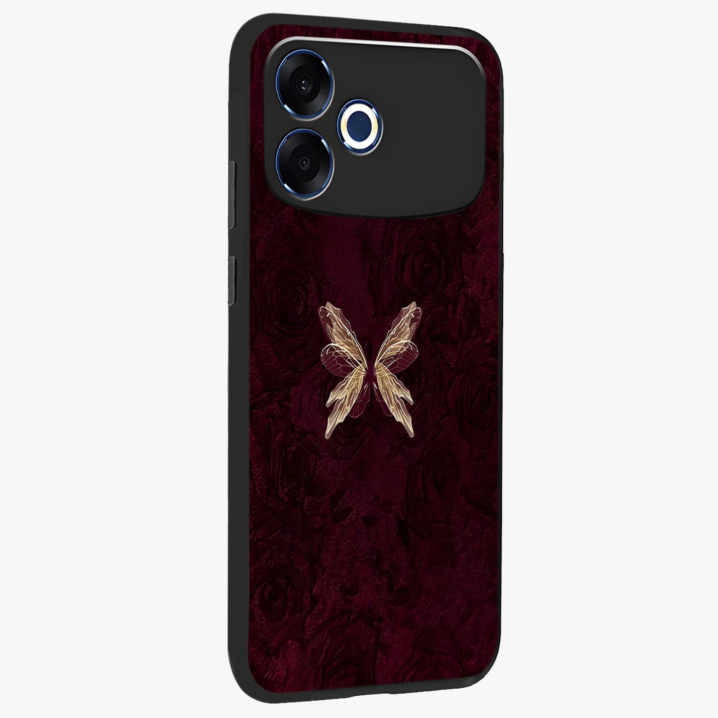 Crimson Fade Butterfly Glass Case upright view showcasing graceful butterfly artwork with soft crimson fade effect.