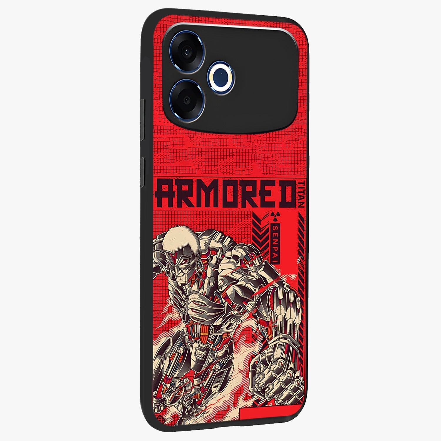 Crimson Mecha Titan Glass Case upright view showcasing dynamic robotic titan design with sci-fi inspired theme.