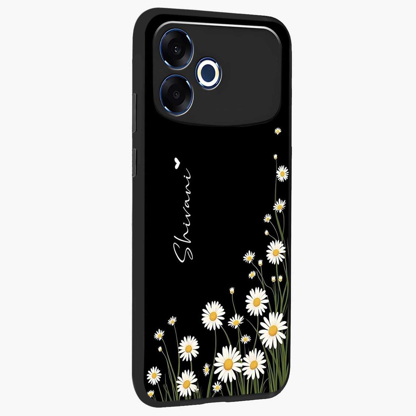 Daisy Cascade Custom Name Glass Case upright view showcasing elegant floral cascade design with personalized aesthetic.