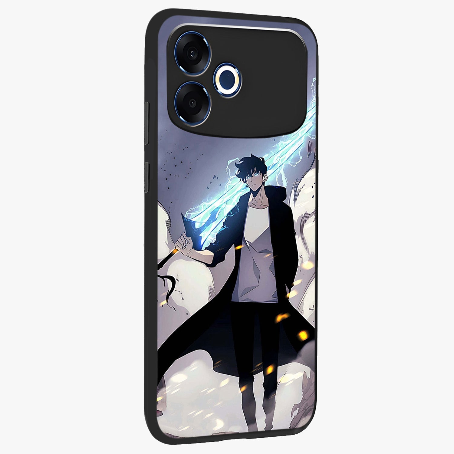 Dark Lightning Anime Warrior Glass Case upright view showcasing dramatic warrior artwork with dark lightning aesthetic.