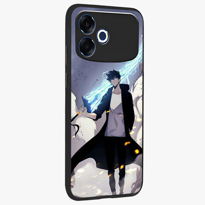 Dark Lightning Anime Warrior Glass Case upright view showcasing dramatic warrior artwork with dark lightning aesthetic.