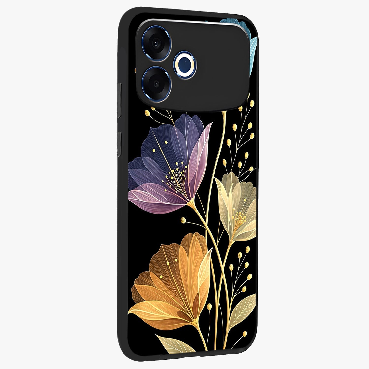 Delicate Multicolor Flowers Glass Case upright view showcasing delicate floral artwork with bright botanical theme.
