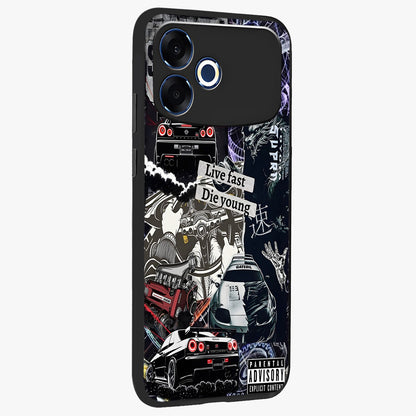 Die Young Glass Case upright view showcasing striking typography artwork with modern statement theme.