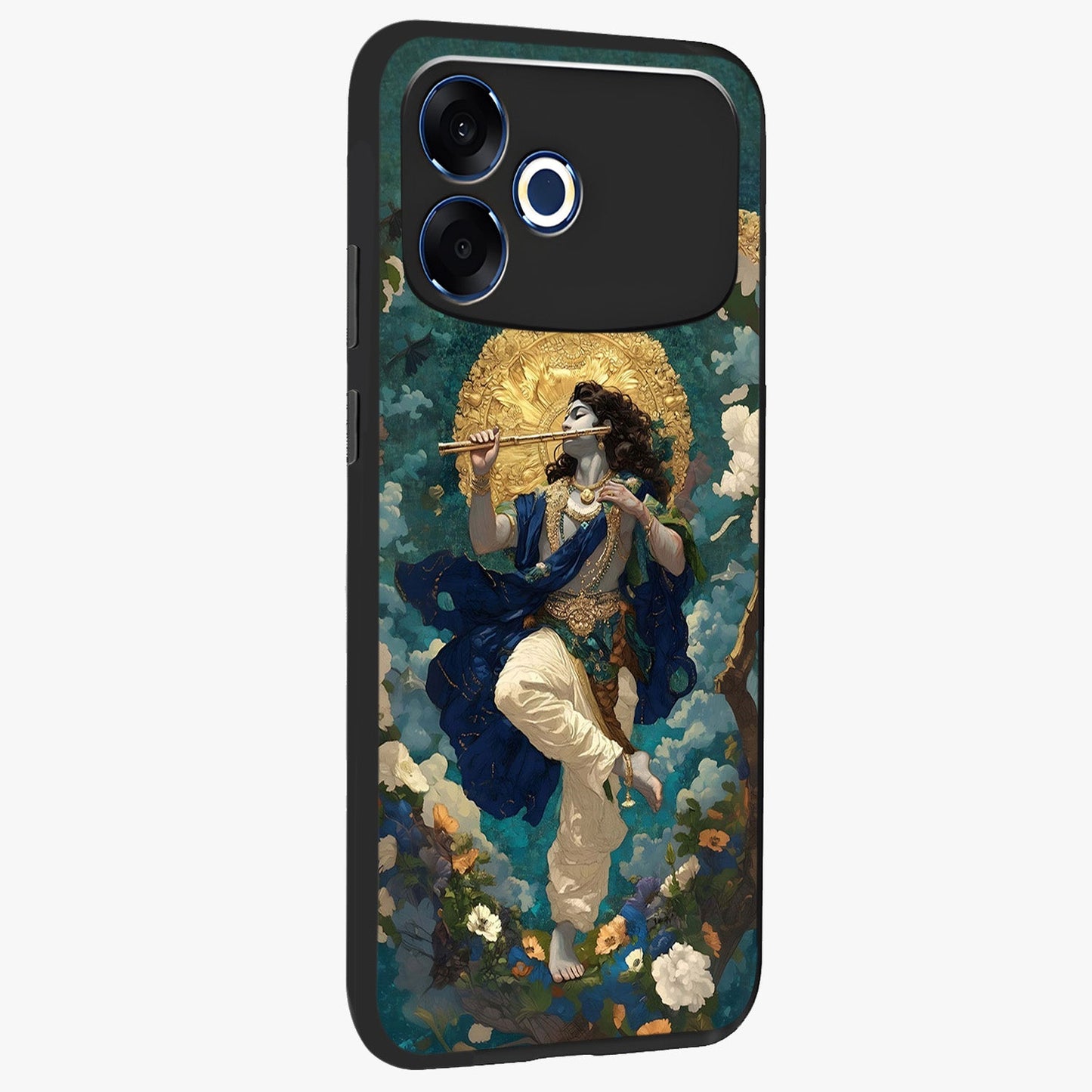 Divine Krishna Art Glass Case upright view showcasing divine Krishna artwork with sacred artistic theme.
