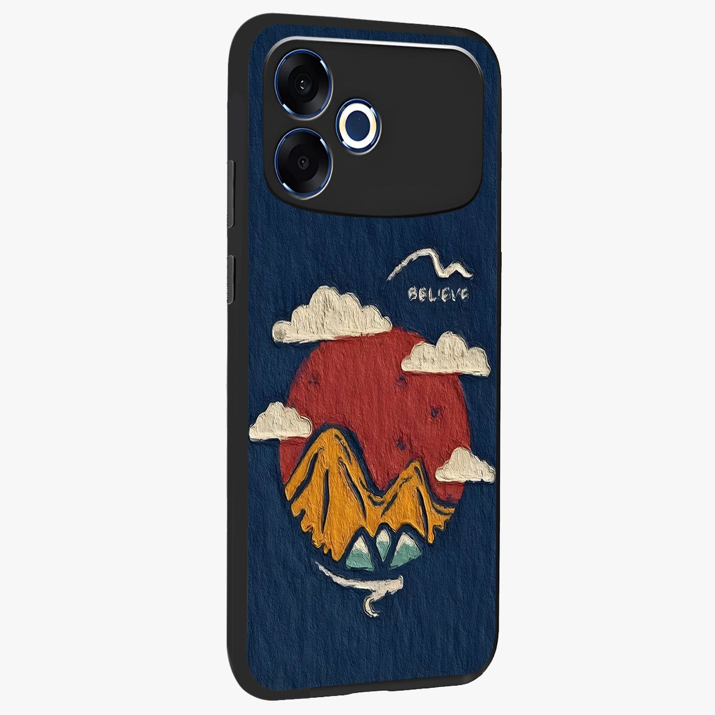 Dream Beyond Mountains Glass Case upright view showcasing beautiful mountain scenery with inspirational nature theme.