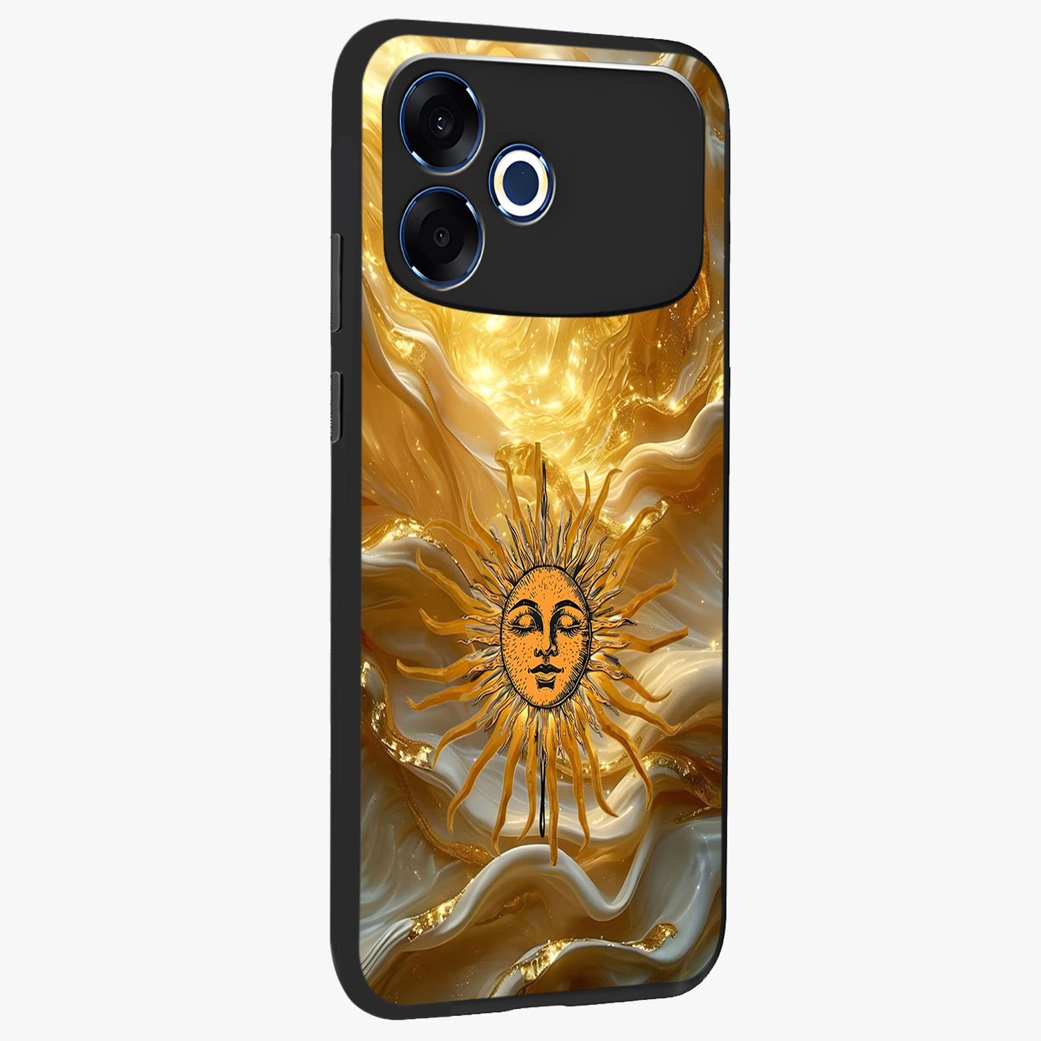 Eternal Golden Glow Glass Case upright view showcasing luminous golden artwork with luxurious visual theme.