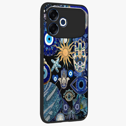 Evil Eye Charm Mix Glass Case upright view showcasing mystical evil eye pattern with vibrant decorative style.
