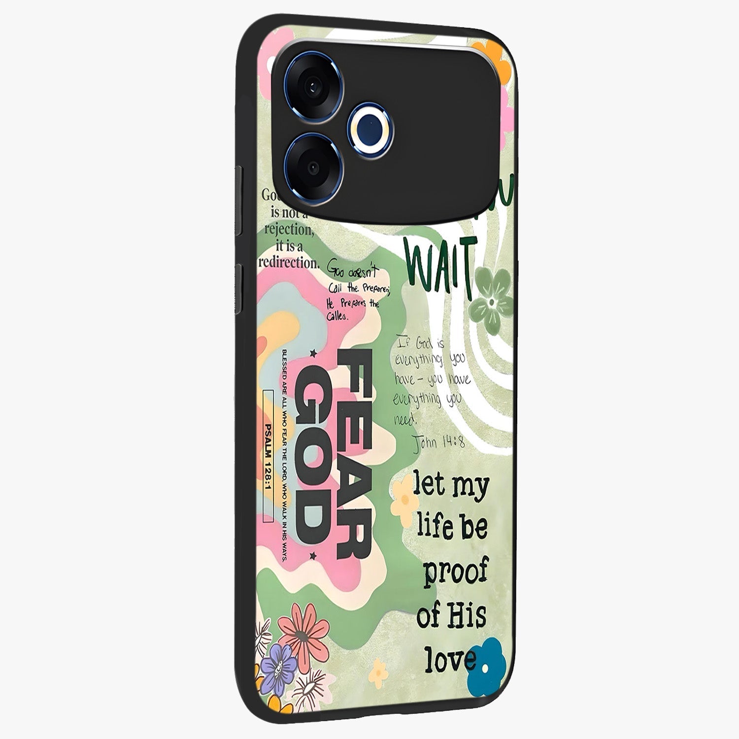 Faith Over Fear Glass Case upright view showcasing bold typography artwork with uplifting motivational theme.