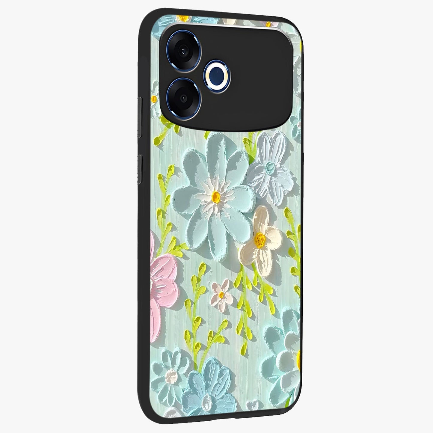 Frosted Petal Garden Glass Case upright view showcasing elegant floral garden artwork with soothing pastel theme.