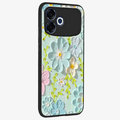 Frosted Petal Garden Glass Case upright view showcasing elegant floral garden artwork with soothing pastel theme.