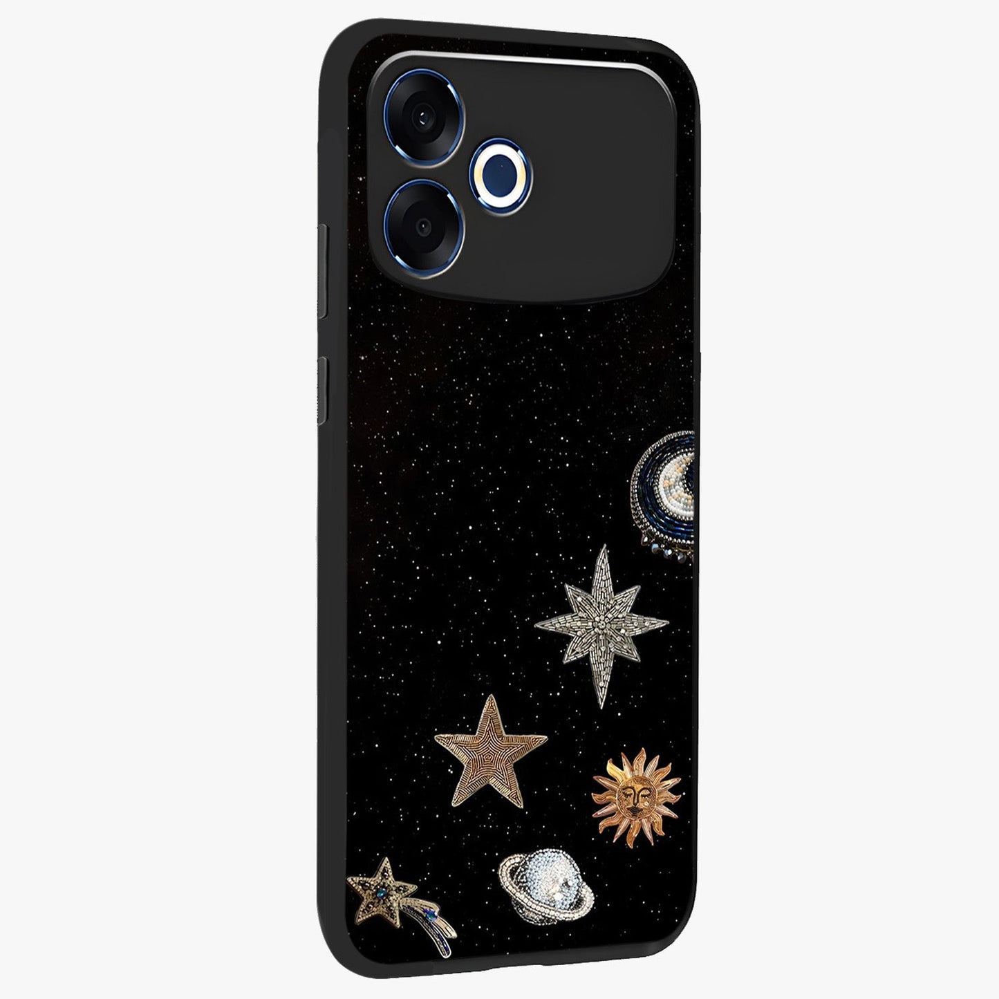 Galactic Charm Glow Glass Case upright view showcasing glowing cosmic charm artwork with magical celestial style.