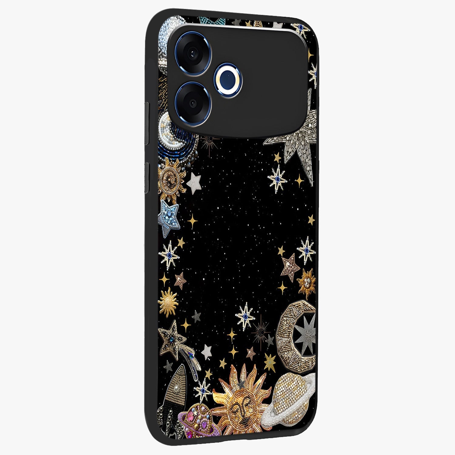 Galactic Jewel Stars Glass Case upright view showcasing glittering star jewel artwork with vibrant galaxy theme.