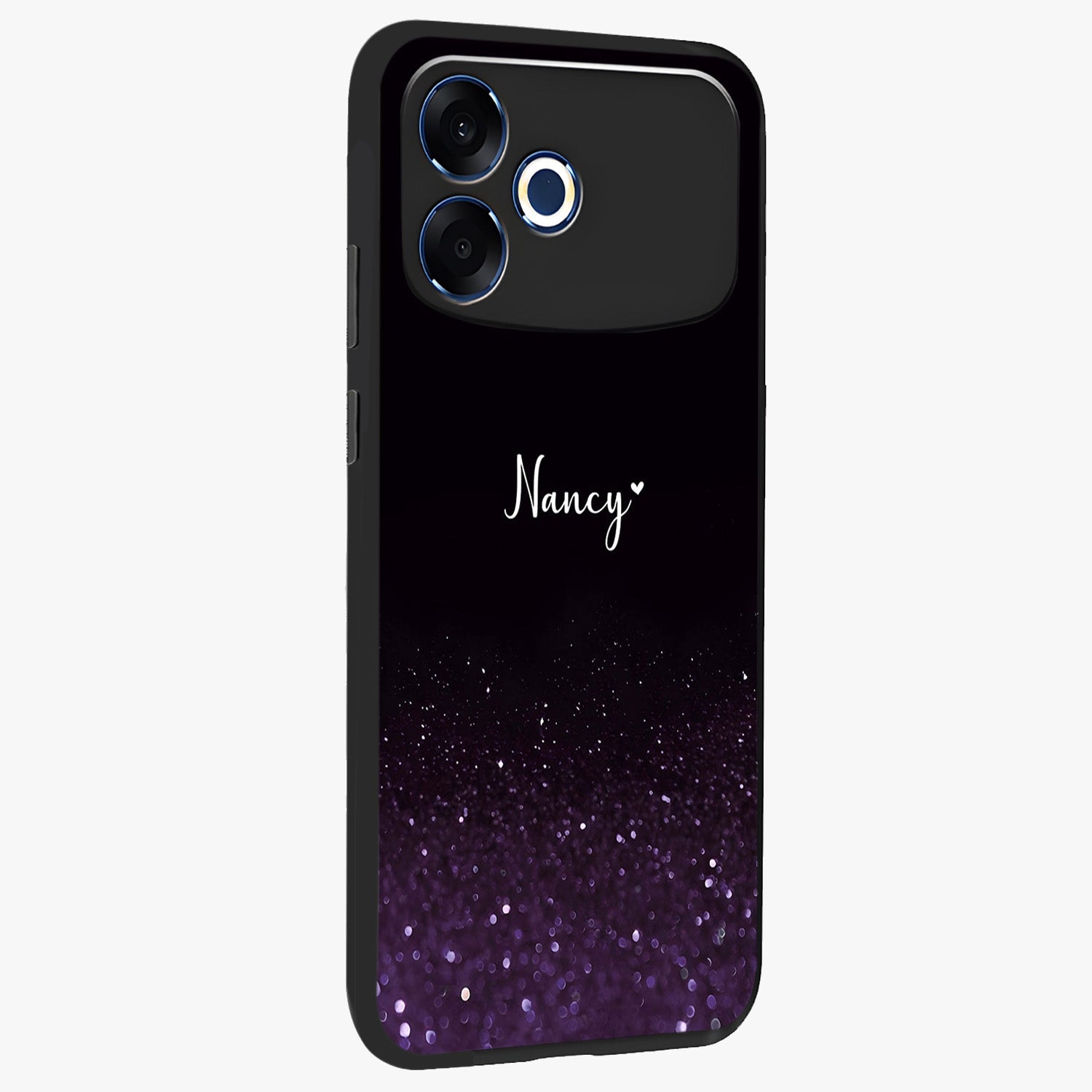 Glittery Purple Bokeh Custom Name Glass Case upright view showcasing vibrant purple sparkle artwork with personalized aesthetic style.
