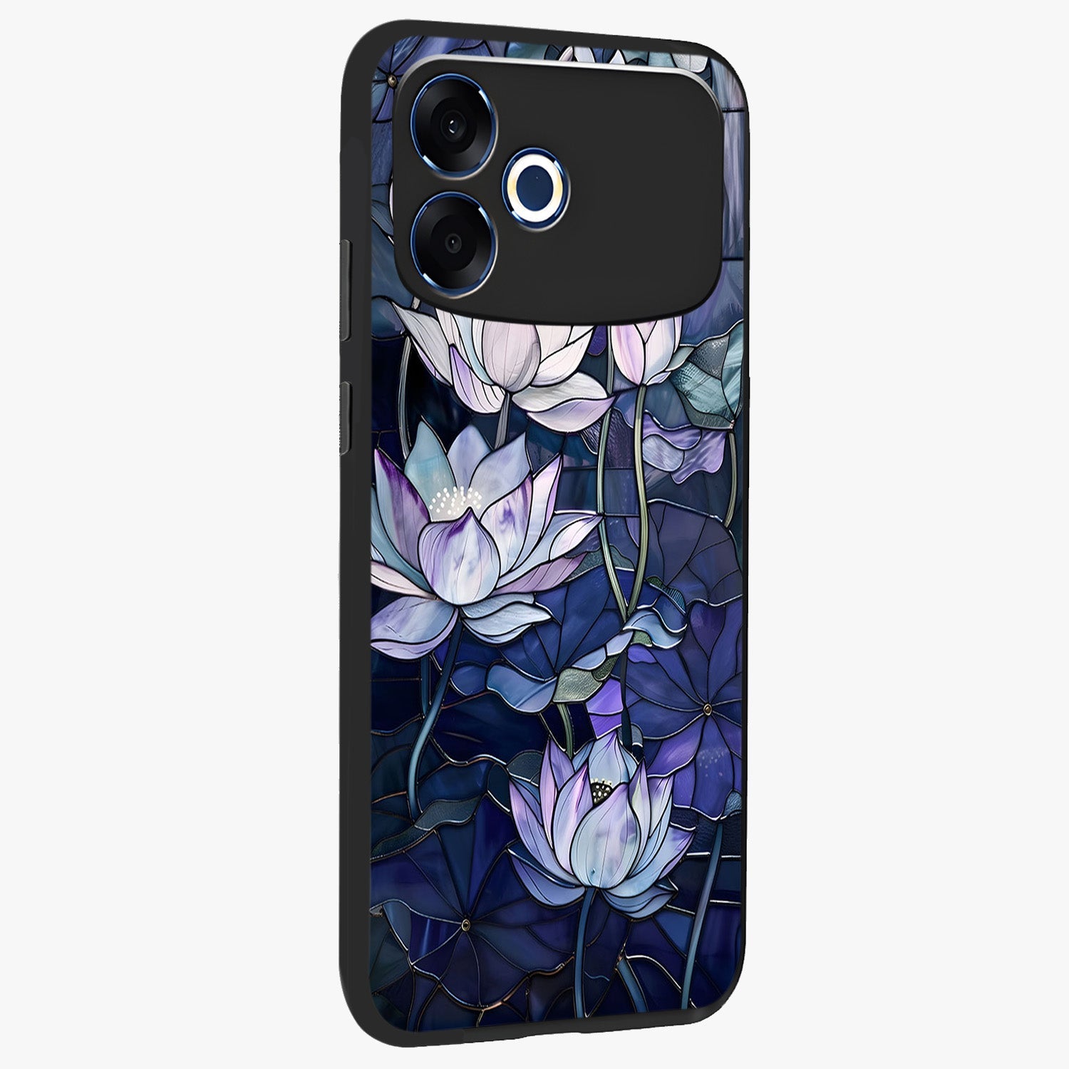 Gloss Petal Rush Glass Case upright view showcasing dynamic floral petal artwork with modern botanical theme.
