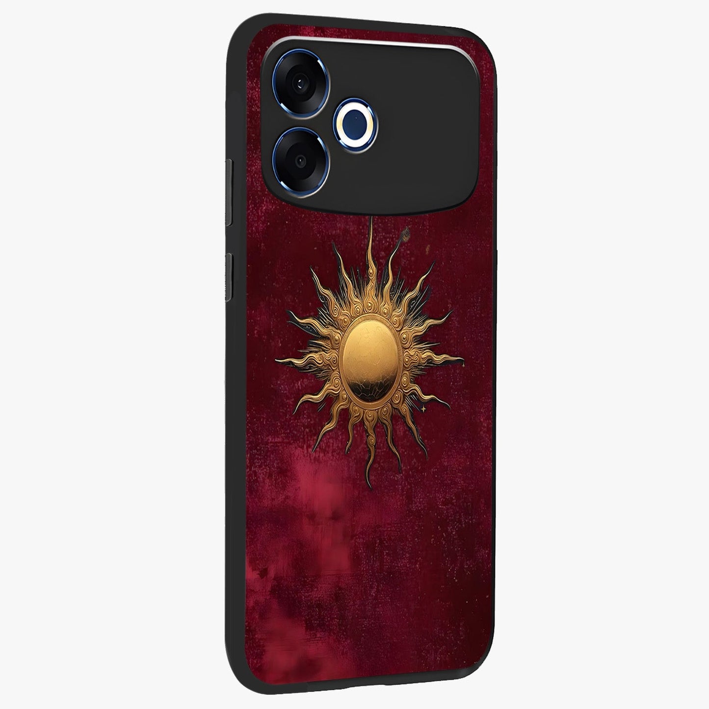 Golden Sun Minimalism Glass Case upright view showcasing simple golden sun artwork with elegant minimalist style.